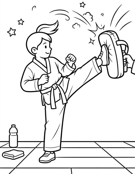 Taekwondo Kick coloring page: A taekwondo student launches a high kick at a practice pad.