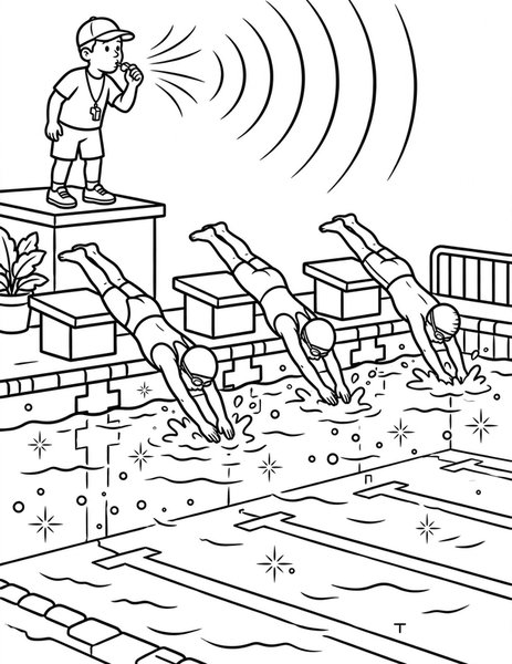 Racing Dive coloring page: Swimmers dive off the blocks.