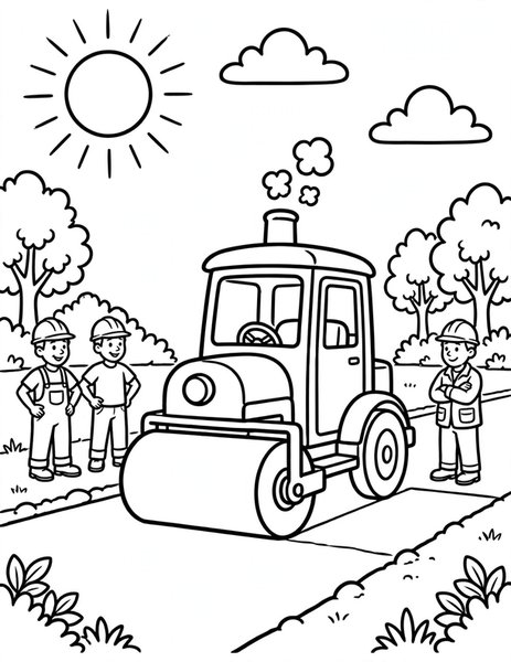 Steamroller coloring page: A steamroller flattens fresh pavement.