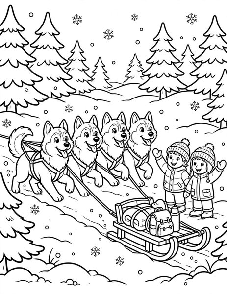 Dog Sled coloring page: A husky team pulls a sled through snow.