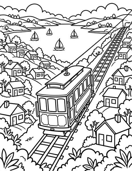 Cable Car Climb coloring page: A cable car climbs steep city hills.