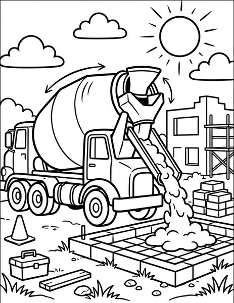 Cement Mixer coloring page: A mixer truck pours concrete at a site.