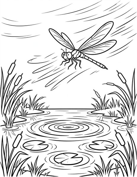 Dragonfly Dash coloring page: A dragonfly zips over the pond.