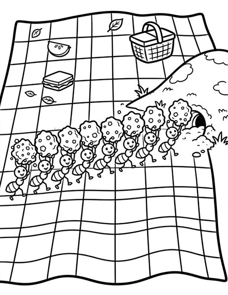 Ant Parade coloring page: Ants march carrying big crumbs.