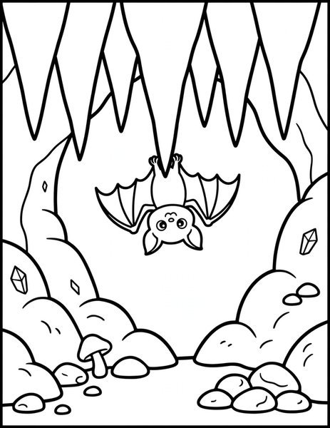 Bat Cave coloring page: A bat hangs in a cozy cave.