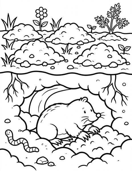 Mole Dig coloring page: A mole tunnels under the garden.