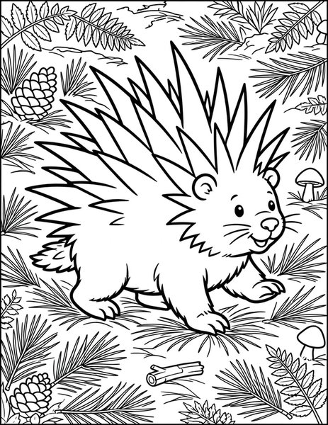 Porcupine Prickles coloring page: A porcupine shuffles through pine needles.