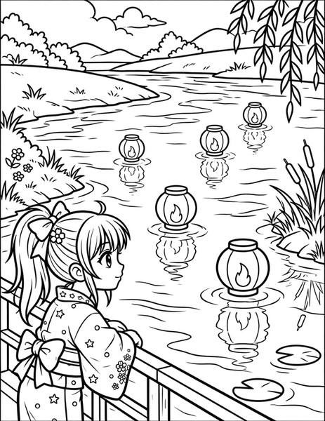 Toro Nagashi Lanterns coloring page: Lanterns float down the evening river.