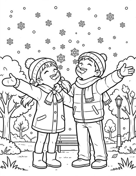 First Snow Catch coloring page: Siblings catch snowflakes on tongues.