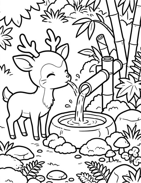 Bamboo Water Music coloring page: A deer drinks at a bamboo fountain.