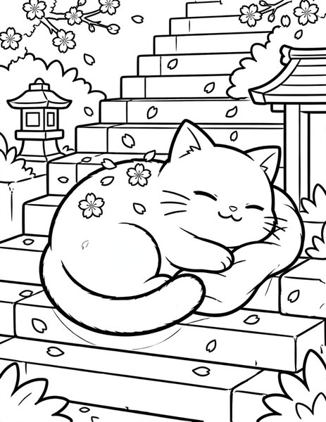 Cat Shrine Nap coloring page: A cat naps on warm shrine steps.
