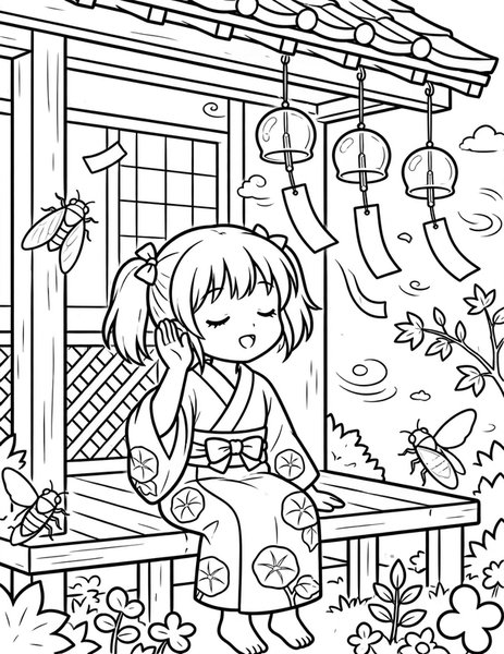 Wind Chime Breeze coloring page: Furin chimes sing in the summer wind.