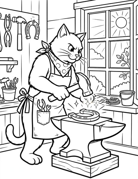 Blacksmith Cat coloring page: A cat hammers a horseshoe.