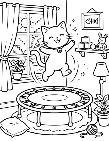 Trampoline Cat coloring page: A cat bounces super high.