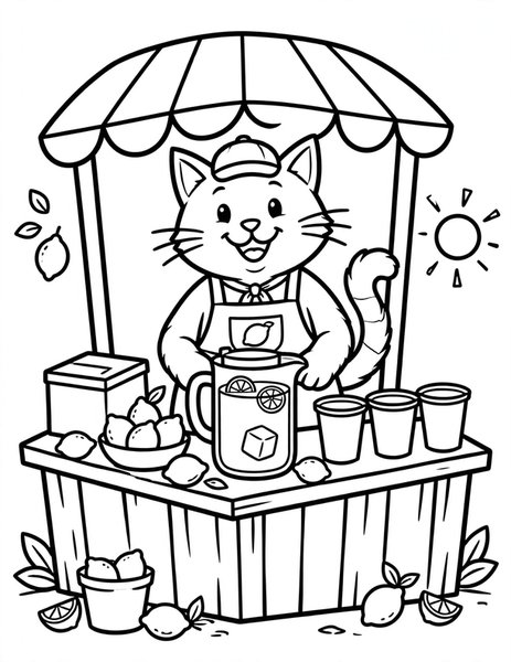 Lemonade Cat coloring page: A cat runs a lemonade stand.