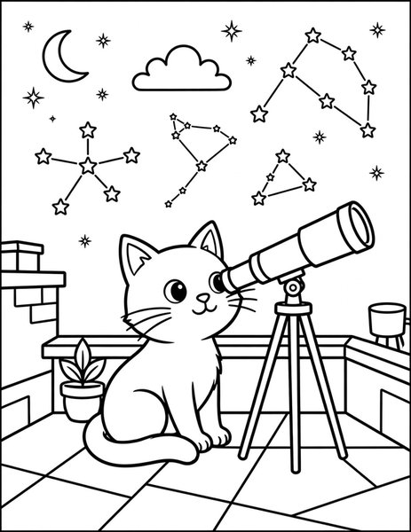 Stargazer Cat coloring page: A cat spots constellations.