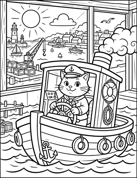 Tugboat Cat coloring page: A cat captains a tugboat.
