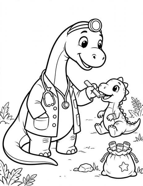 Dino Doctor coloring page: A kind brontosaurus checks a friend's sore throat.