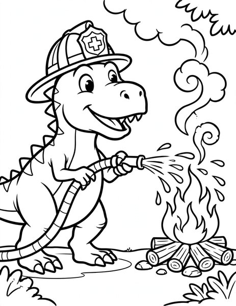 Firefighter Rex coloring page: A t-rex sprays water from a fire hose.