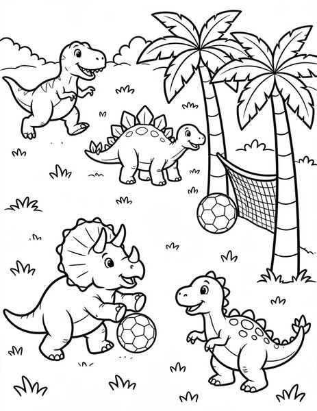 Dino Soccer coloring page: Dinosaurs play a roaring game of soccer.