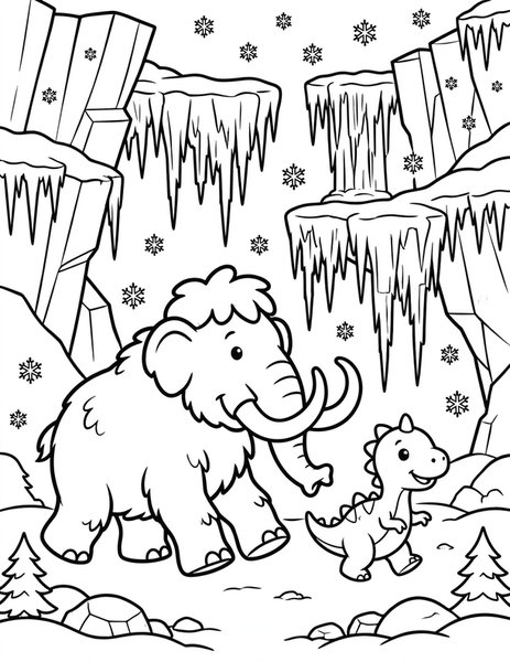 Ice Age Pals coloring page: A mammoth and a dinosaur share a snowy adventure.