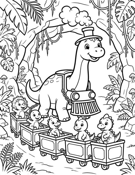 Dino Train Ride coloring page: Baby dinos ride a choo-choo train through the jungle.