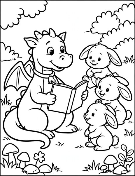 Story Dragon coloring page: A gentle dragon reads stories to baby animals.
