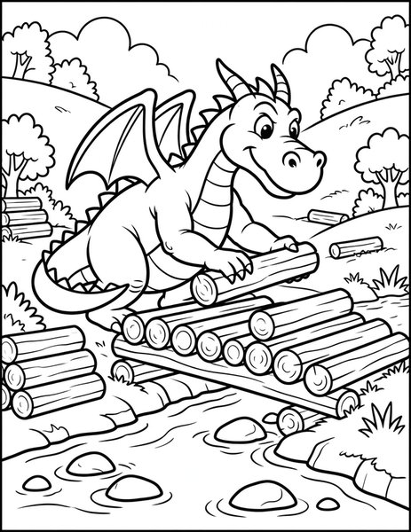 Bridge Dragon coloring page: A strong dragon helps build a log bridge.