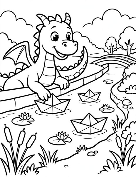 Canal Dragon coloring page: A friendly dragon floats paper boats.