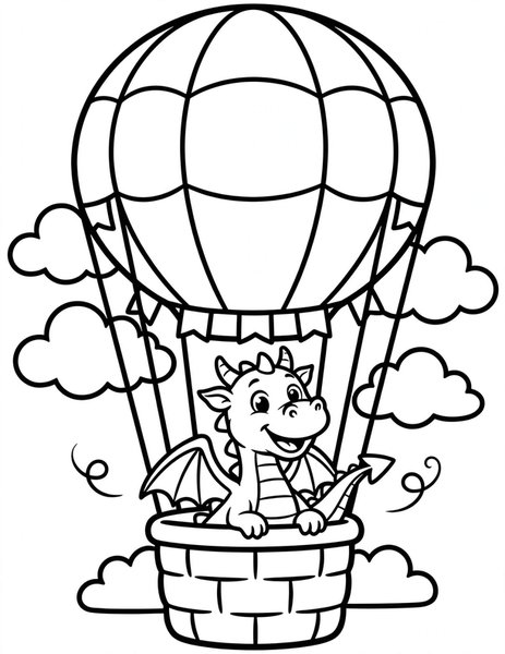 Balloon Dragon coloring page: A happy dragon rides a hot air balloon.