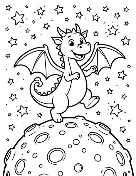 Moon Dragon coloring page: A playful dragon bounces on the moon.