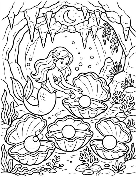 Pearl Dive coloring page: A mermaid gathers glowing pearls.