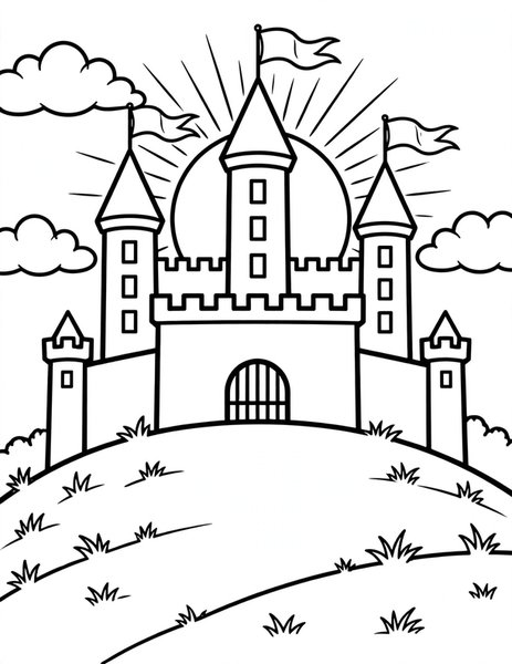 Castle Hill coloring page: A castle crowns the grassy hill.
