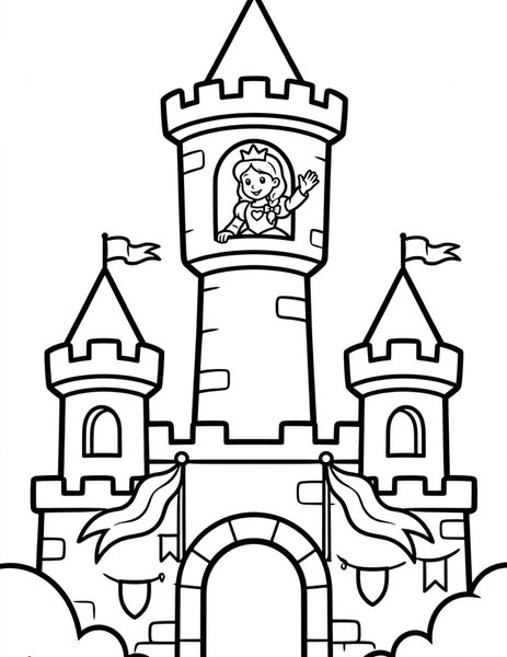 Tower Princess coloring page: A princess waves from the tower.