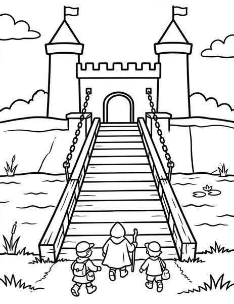 Drawbridge coloring page: The drawbridge lowers with a clunk.
