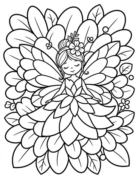 Detailed Flower Fairy coloring page: A fairy among intricate petals.