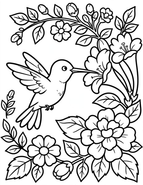 Detailed Hummingbird Haven coloring page: A hummingbird at detailed blooms.