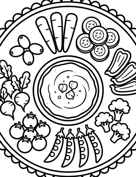 Veggie Tray coloring page: Rainbow veggies with hummus.