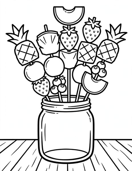 Fruit Kabobs coloring page: Fruit skewers for a party.