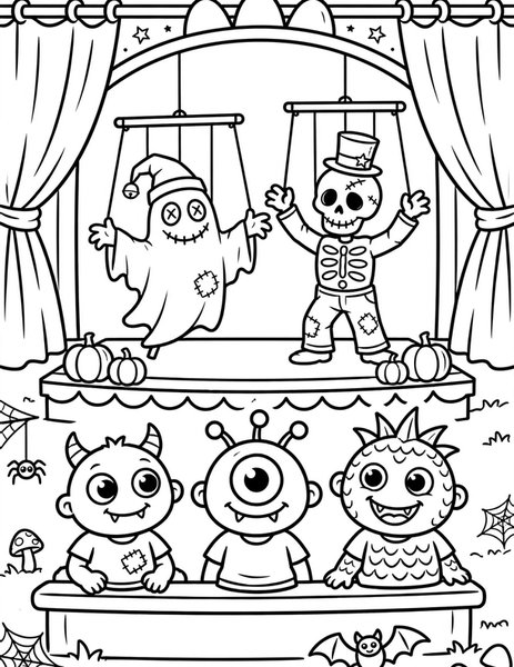 Haunted Puppet Show coloring page: Spooky puppets take the stage.