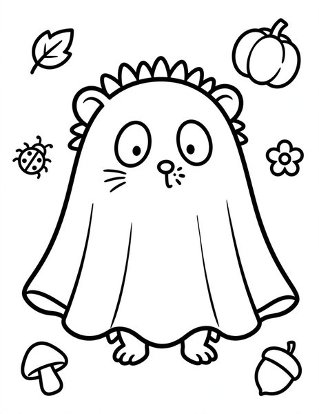 Hedgehog Costume coloring page: A hedgehog dressed as a tiny ghost.