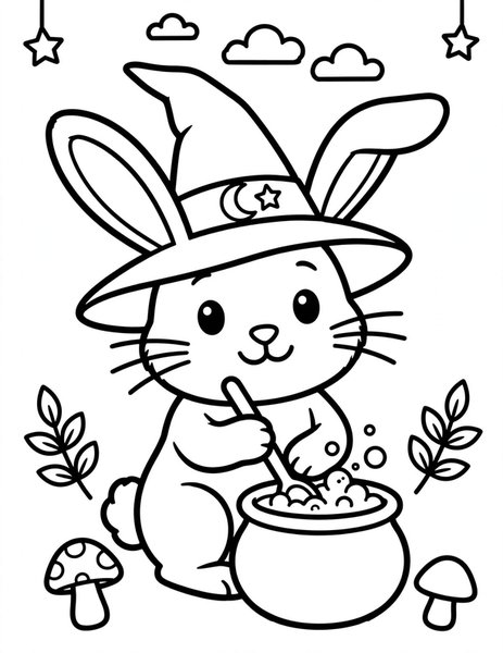 Bunny Witch Brew coloring page: A bunny stirs a teeny cauldron.