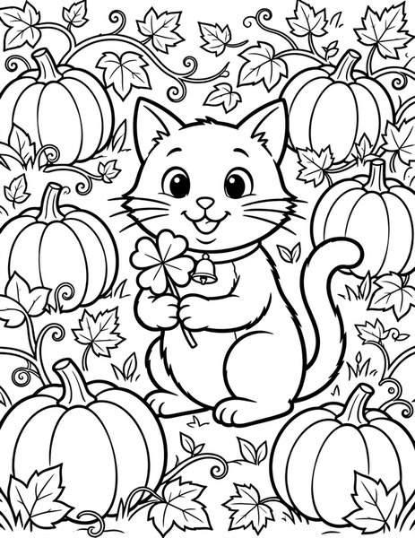 Lucky Black Cat coloring page: A black cat finds a four-leaf clover.