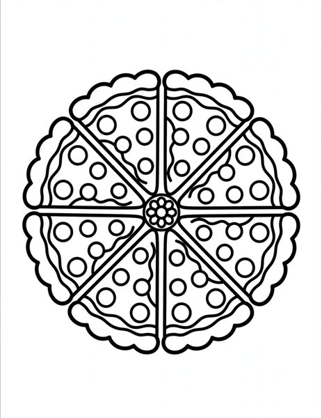 Pizza Party Mandala coloring page: Pizza slices fan out with toppings.