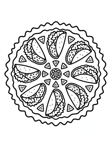 Taco Tuesday Mandala coloring page: Tacos line up in a tasty ring.