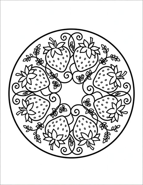 Strawberry Patch Mandala coloring page: Berries dot a leafy circle.