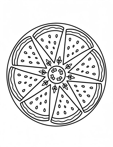Watermelon Slice Mandala coloring page: Juicy slices fan in a ring.