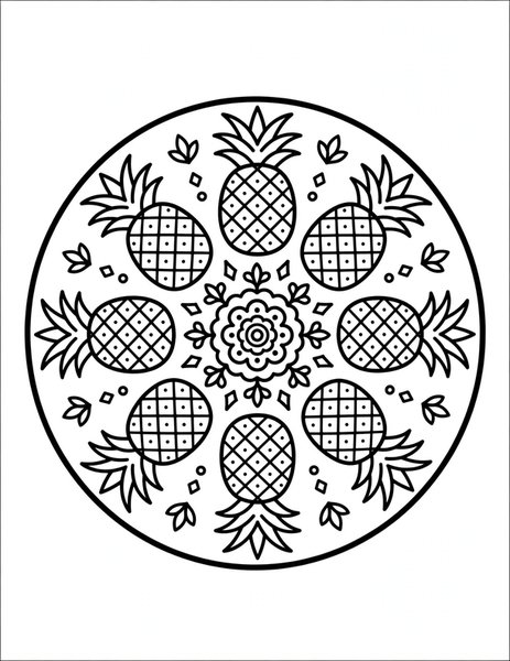Pineapple Party Mandala coloring page: Pineapples wear crisscross skins.