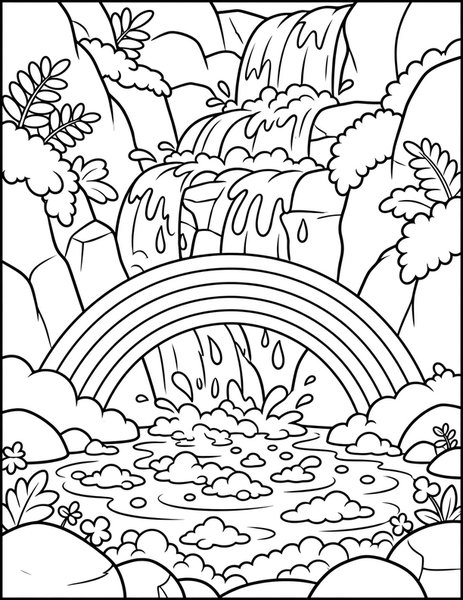Waterfall coloring page: Water tumbles over mossy cliffs.