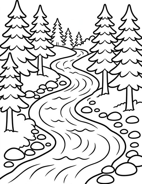 Forest River coloring page: A river rushes past tall trees.